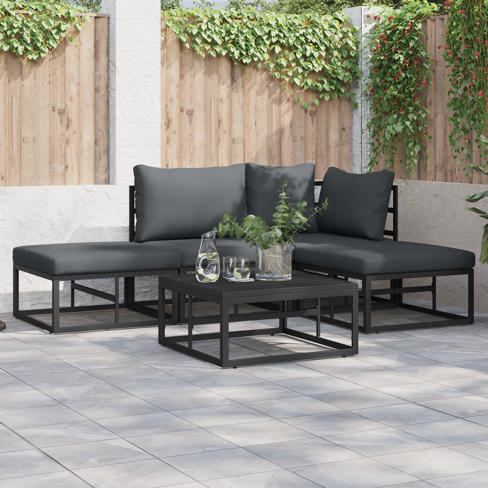 Hagesofa Set med pute med pute 5 pcs Svart 70 x 70 x 32 cm Aluminium