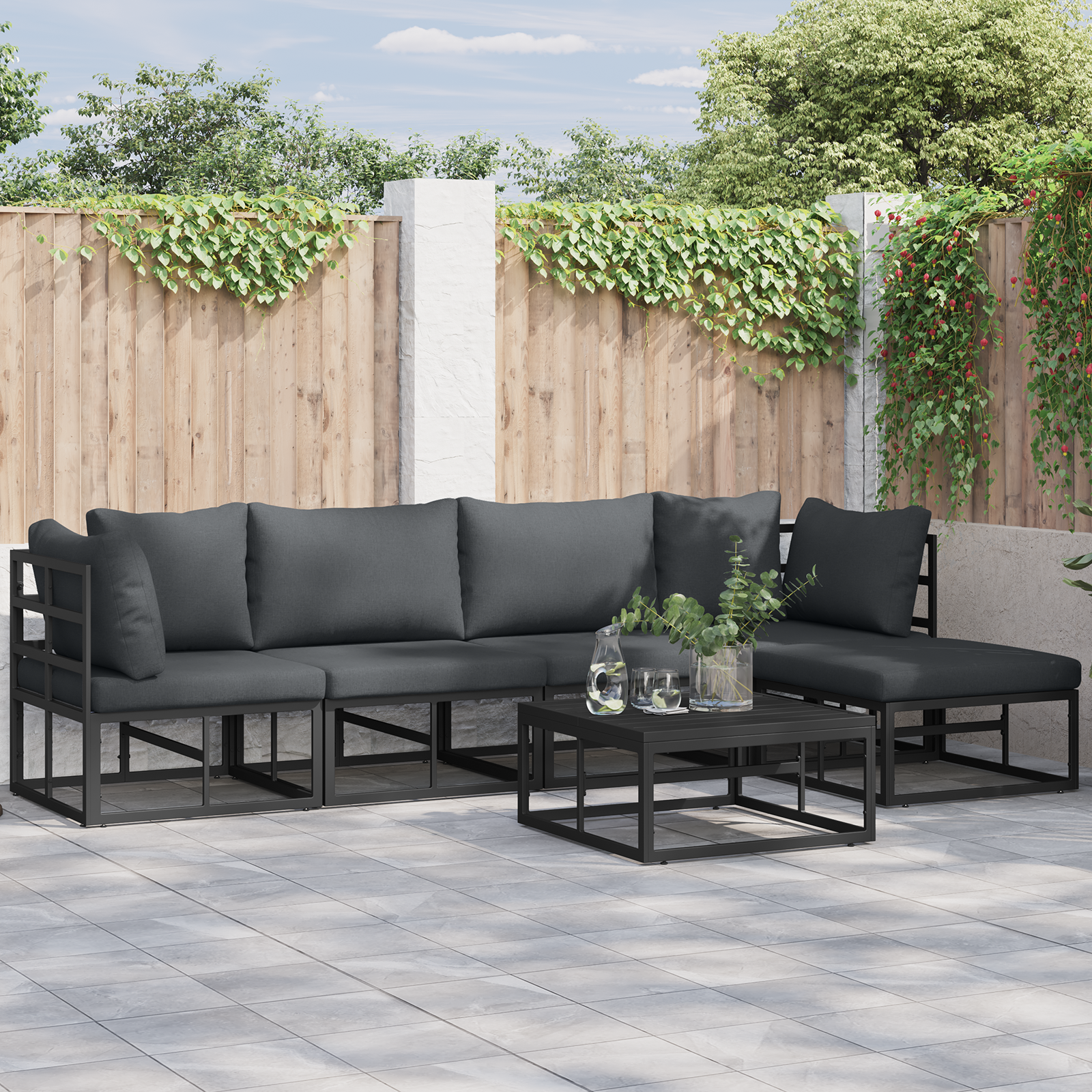 Hagesofa Set med pute med pute 6 pcs Svart 70 x 70 x 32 cm Aluminium