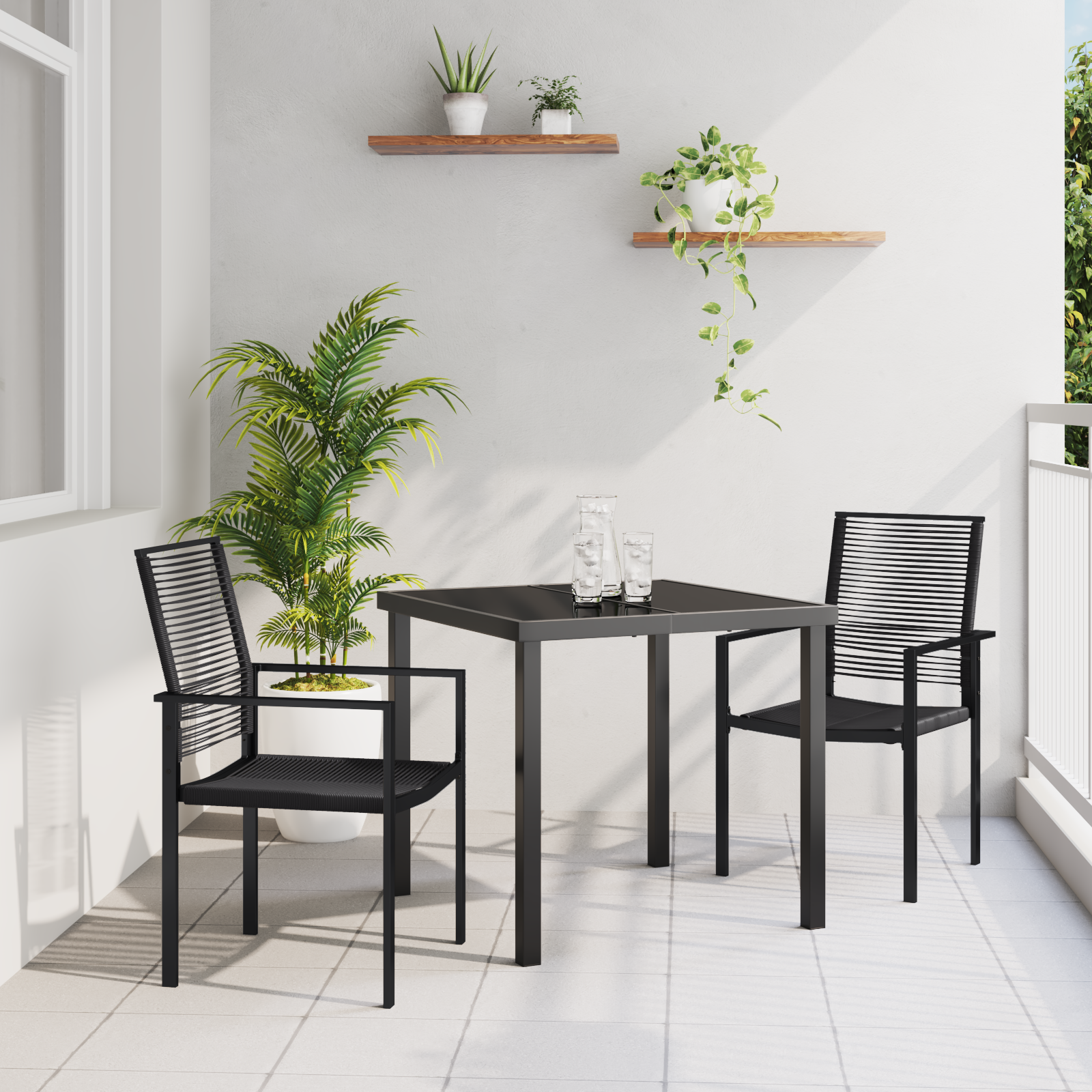 3 Delt Hage Spisebord Set Svart PVC Flekk