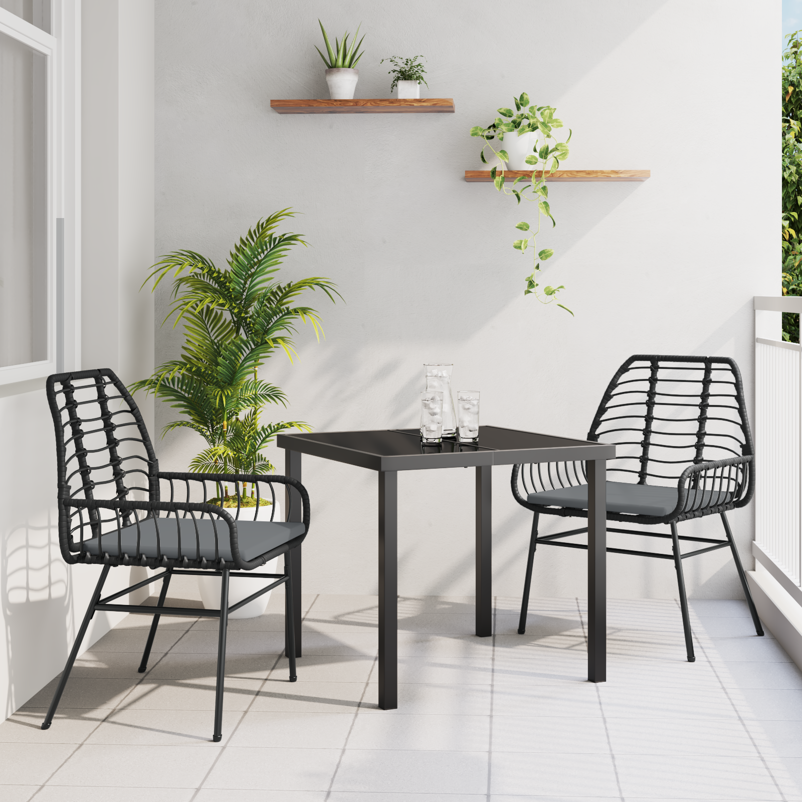3 Delt Hage Spisestue Sett med Puter Svart Poly Rattan