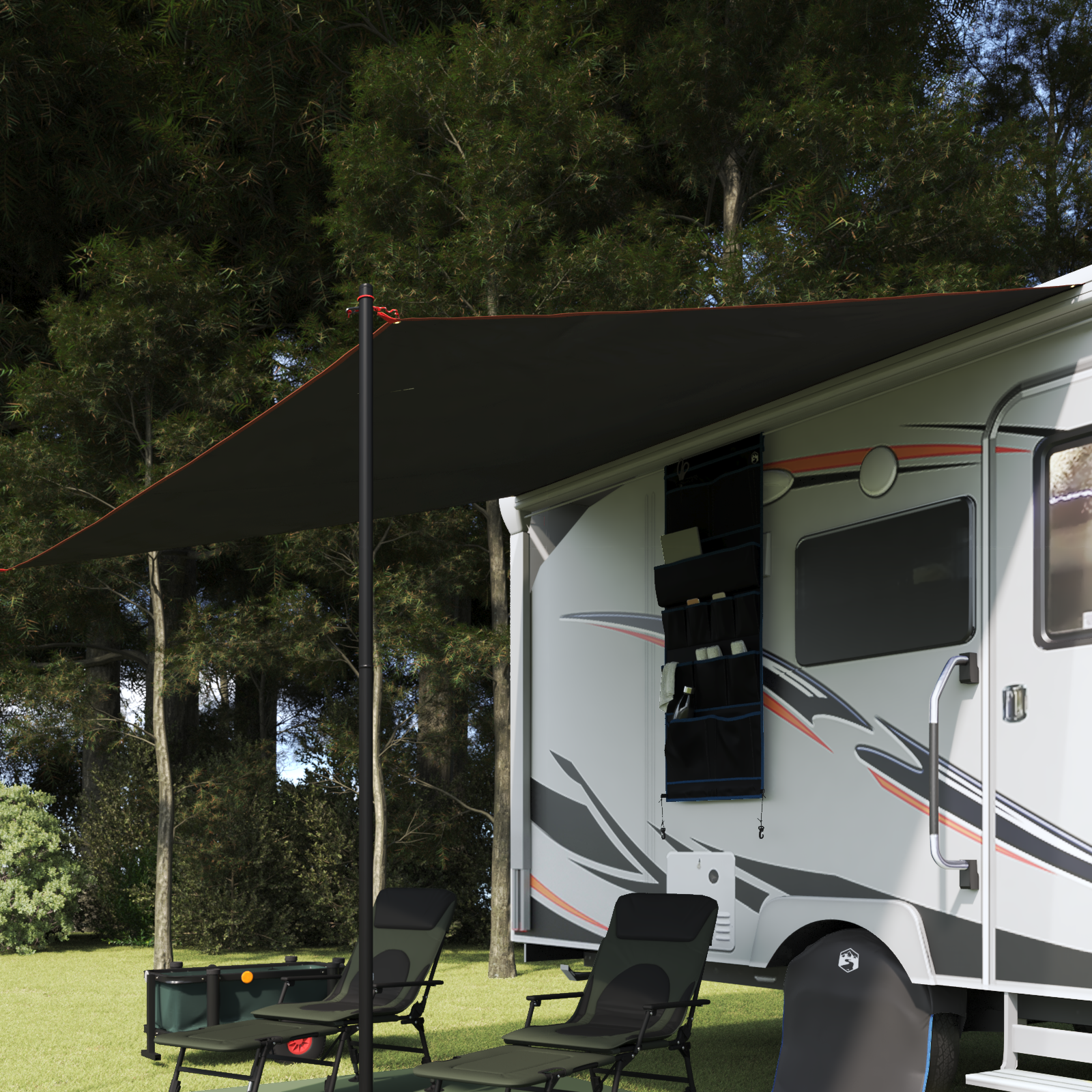 Caravanmarkise i grå og oransje - 350 x 240 cm, vanntett.
