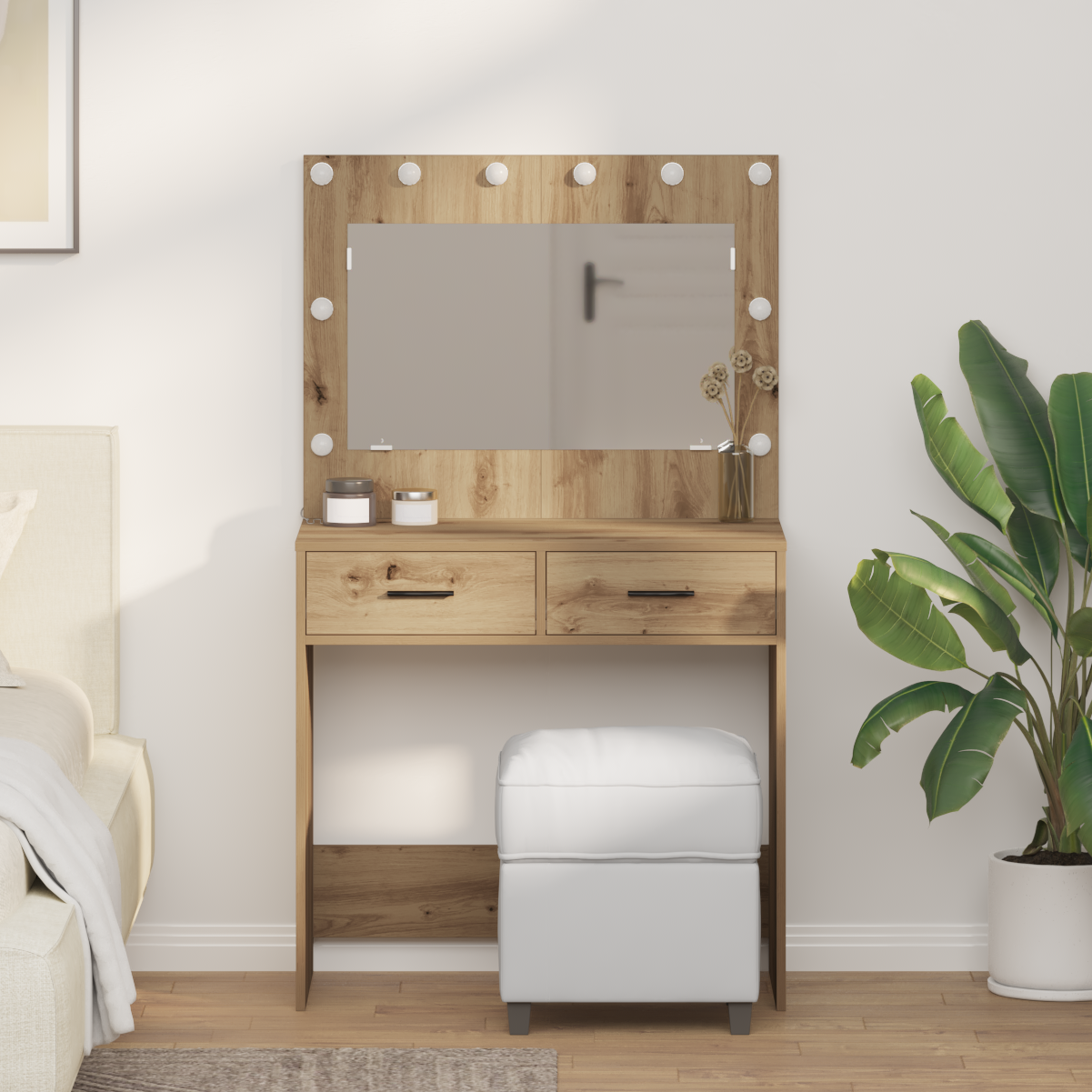 sminkebord med LED-lamper kunstnerisk eik 78,5x41x135 cm