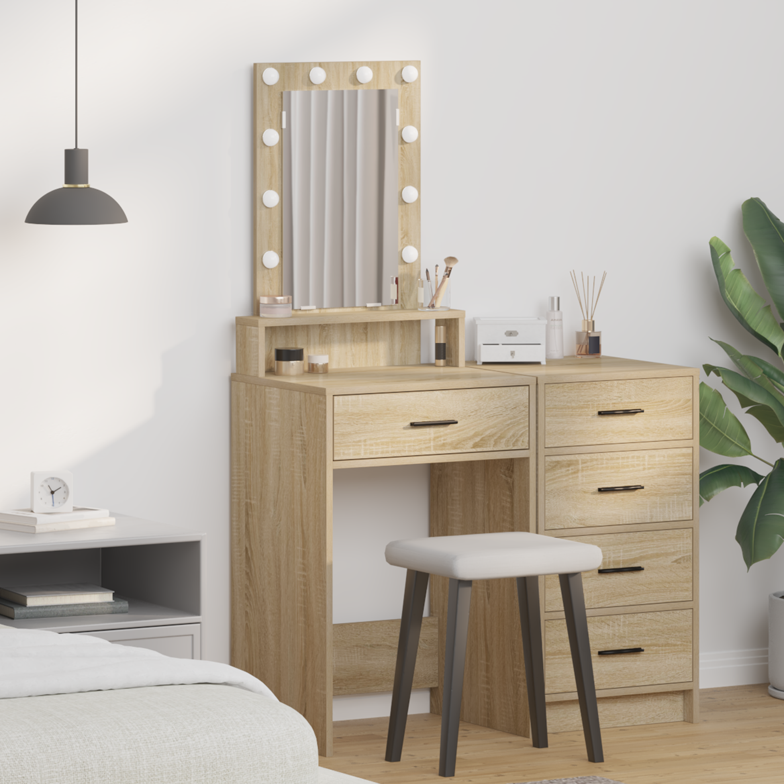 sminkebord med LED-lamper - Sonoma eik - 50x41x140 cm