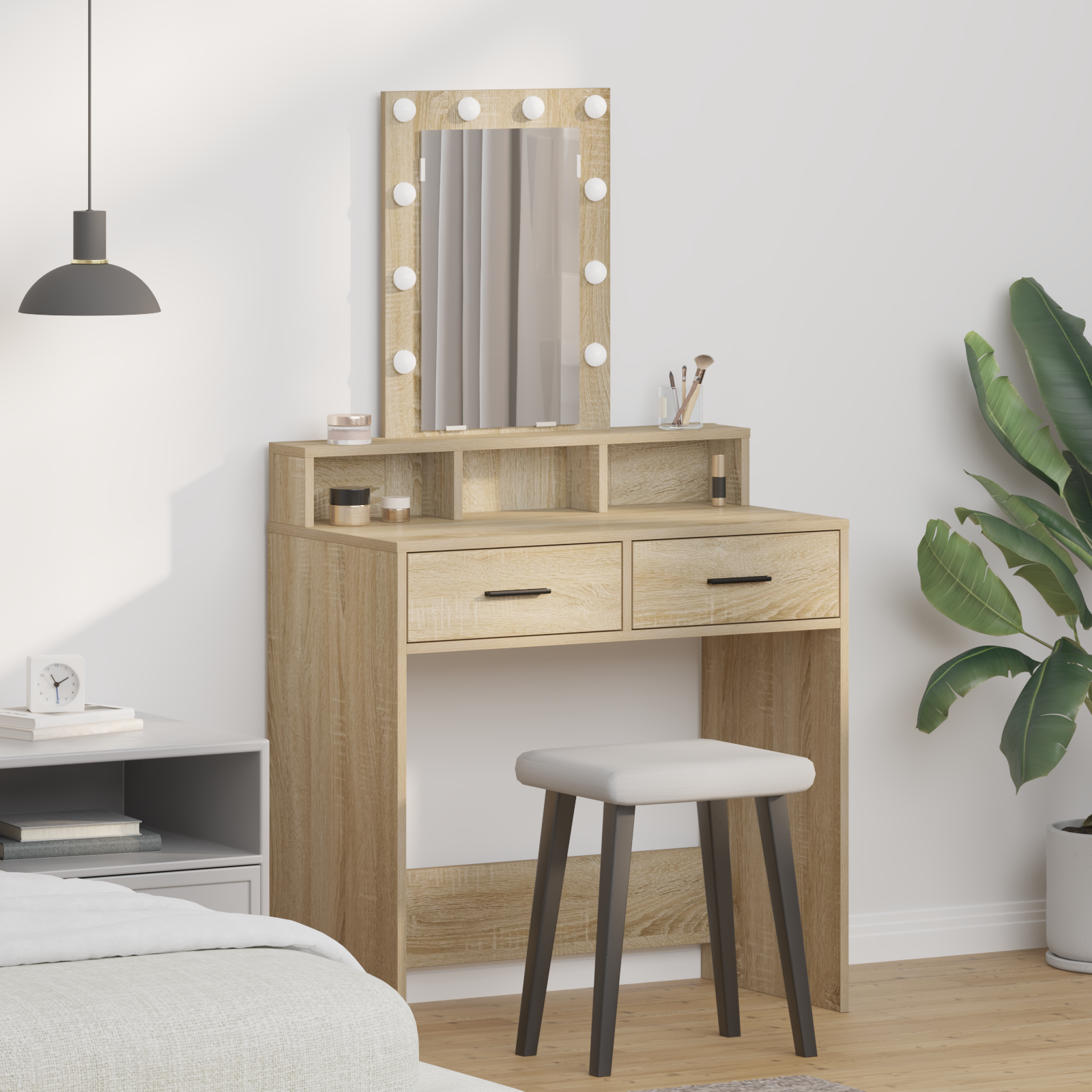 Sminkebord med LED-lamper Sonoma Eik 79x41x140 cm