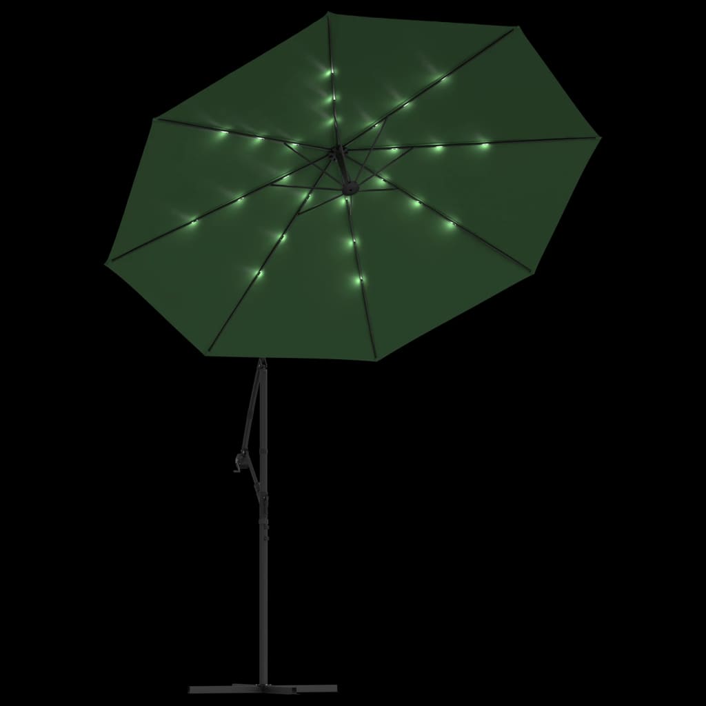 Hengeparasoll med LED-lys 300 cm grønn metallstang