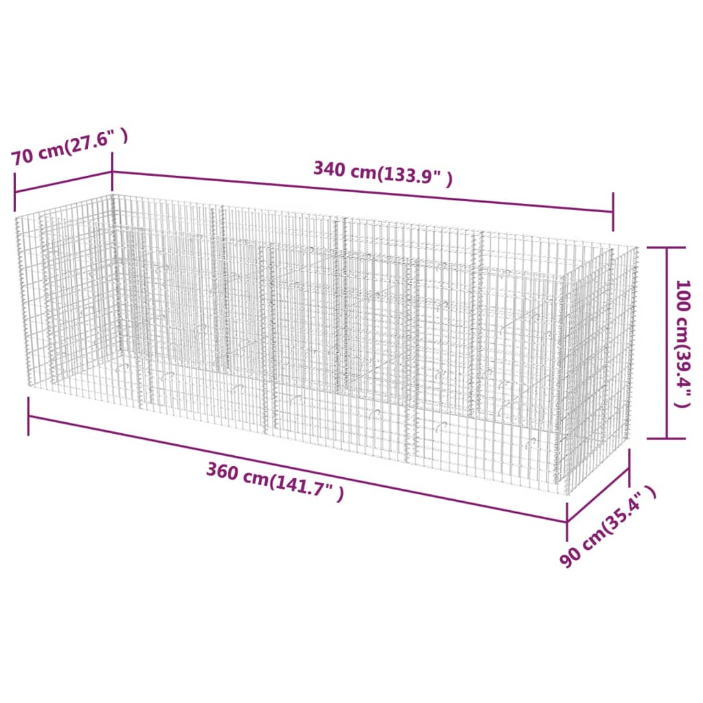 Gabion høybed stål 360x90x100 cm