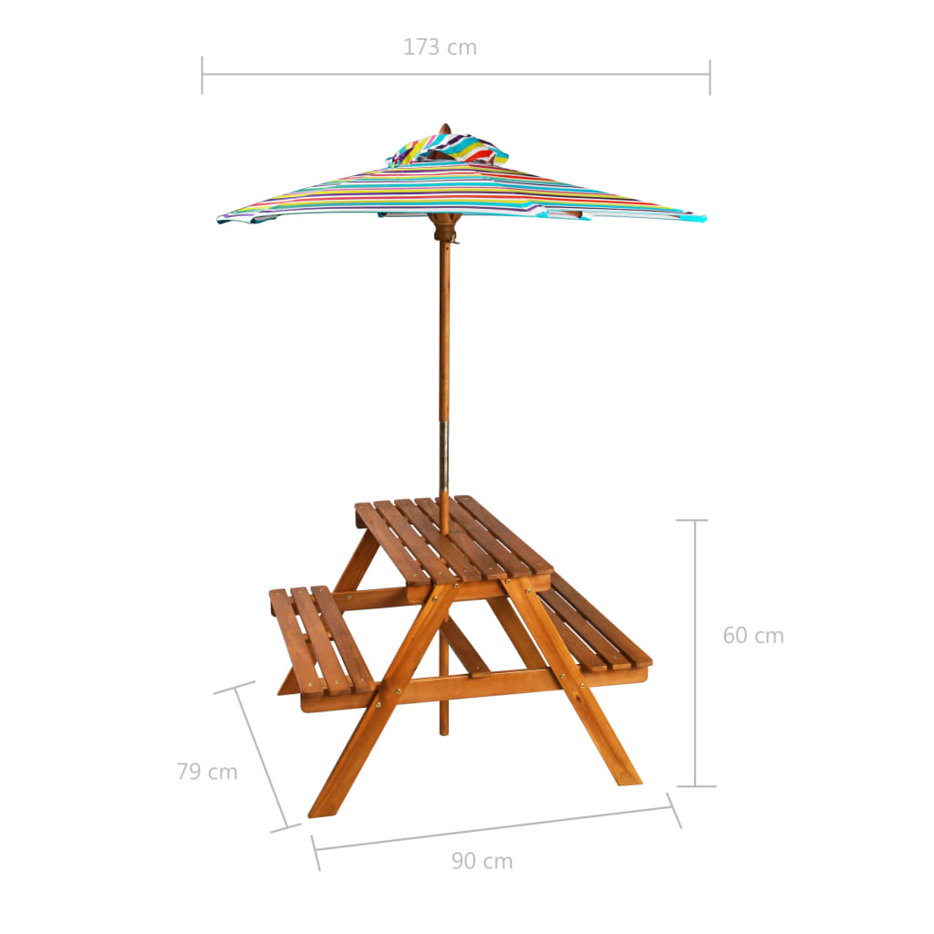 Barnepiknikbord med parasoll 79x90x60 cm heltre akasie