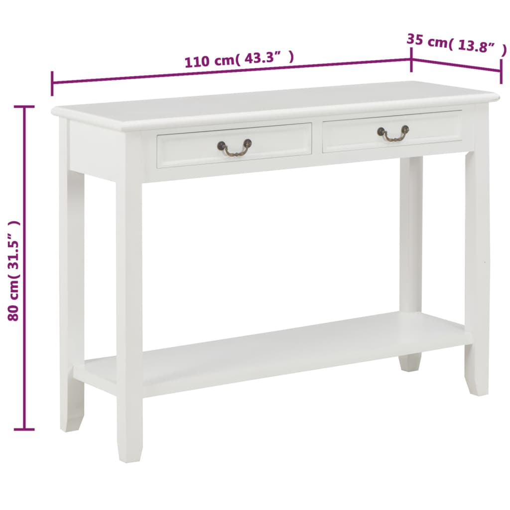 Konsollbord hvit 110x35x80 cm tre