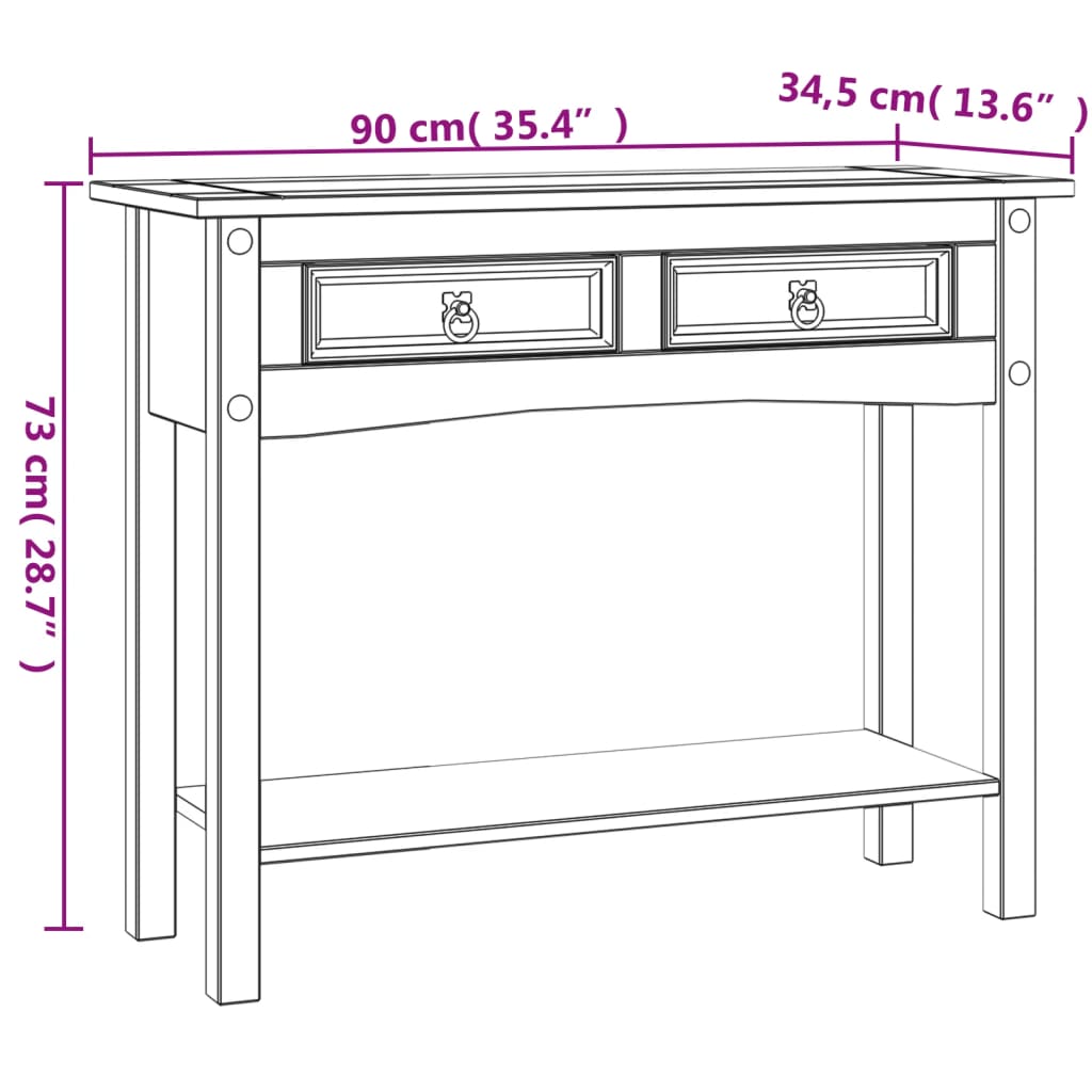 Konsollbord meksikansk Corona-stil furu hvit 90x34,5x73 cm