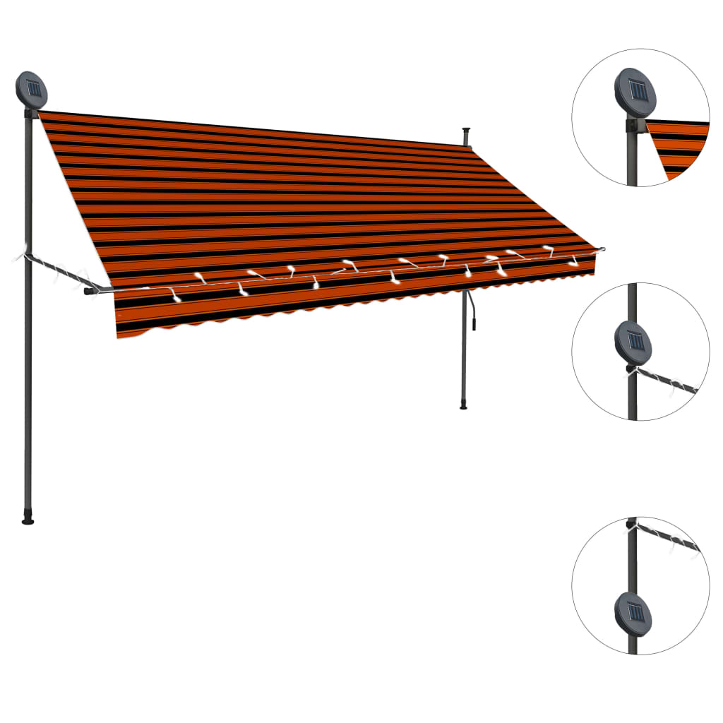 Manuell uttrekkbar markise med LED 300 cm oransje og brun