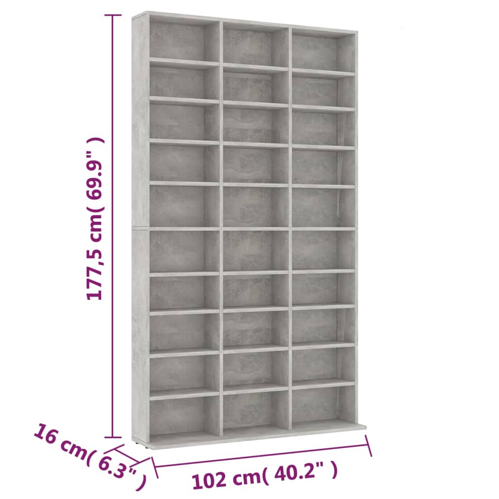 CD-hylle betonggrå 102x16x177,5 cm konstruert tre