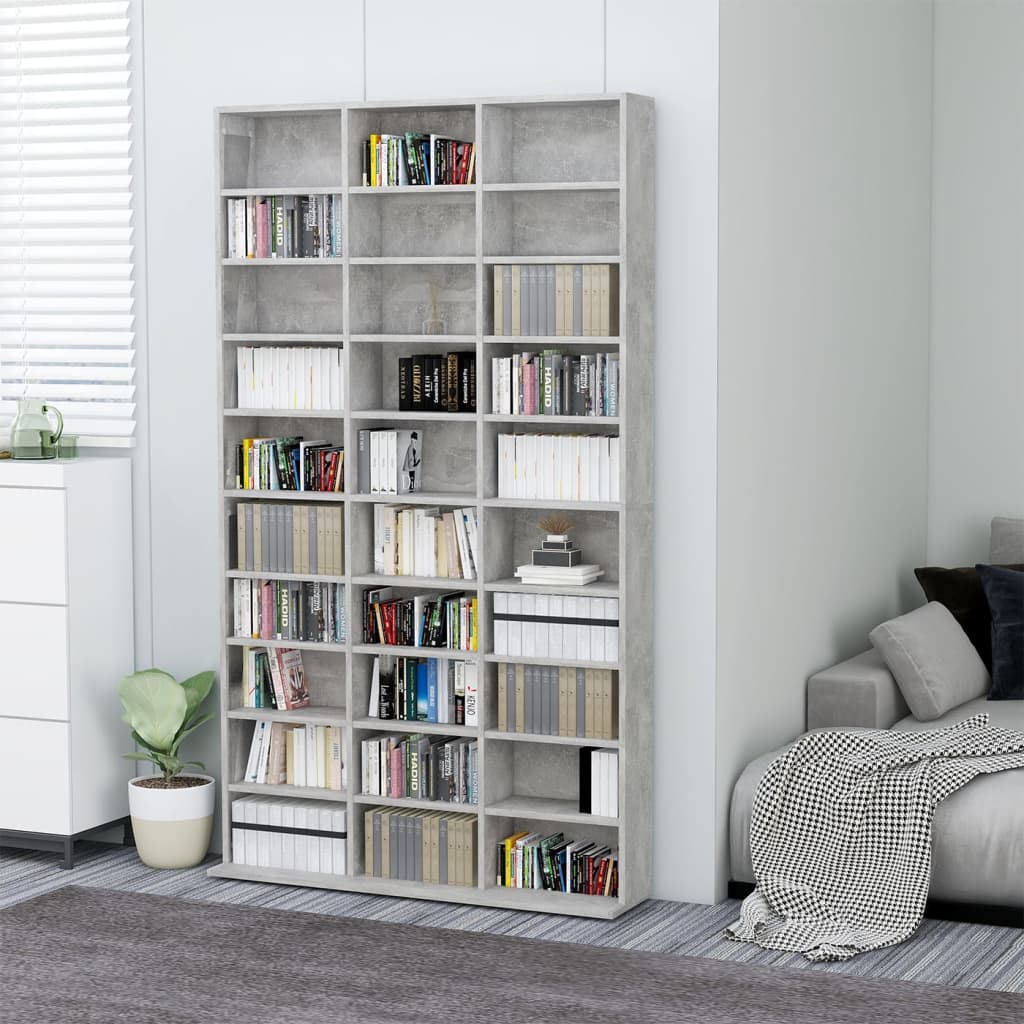 CD-hylle betonggrå 102x16x177,5 cm konstruert tre