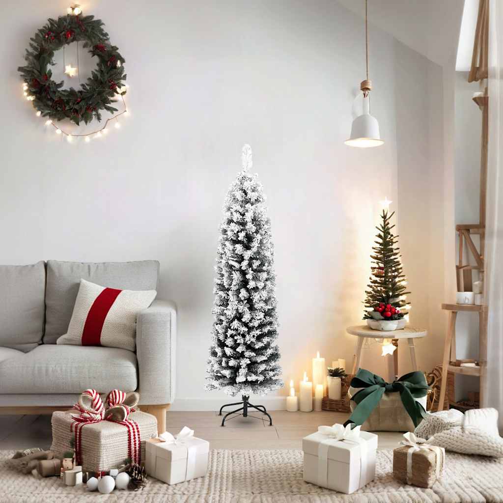 Slankt kunstig juletre med flokket snø grønn 150 cm PVC