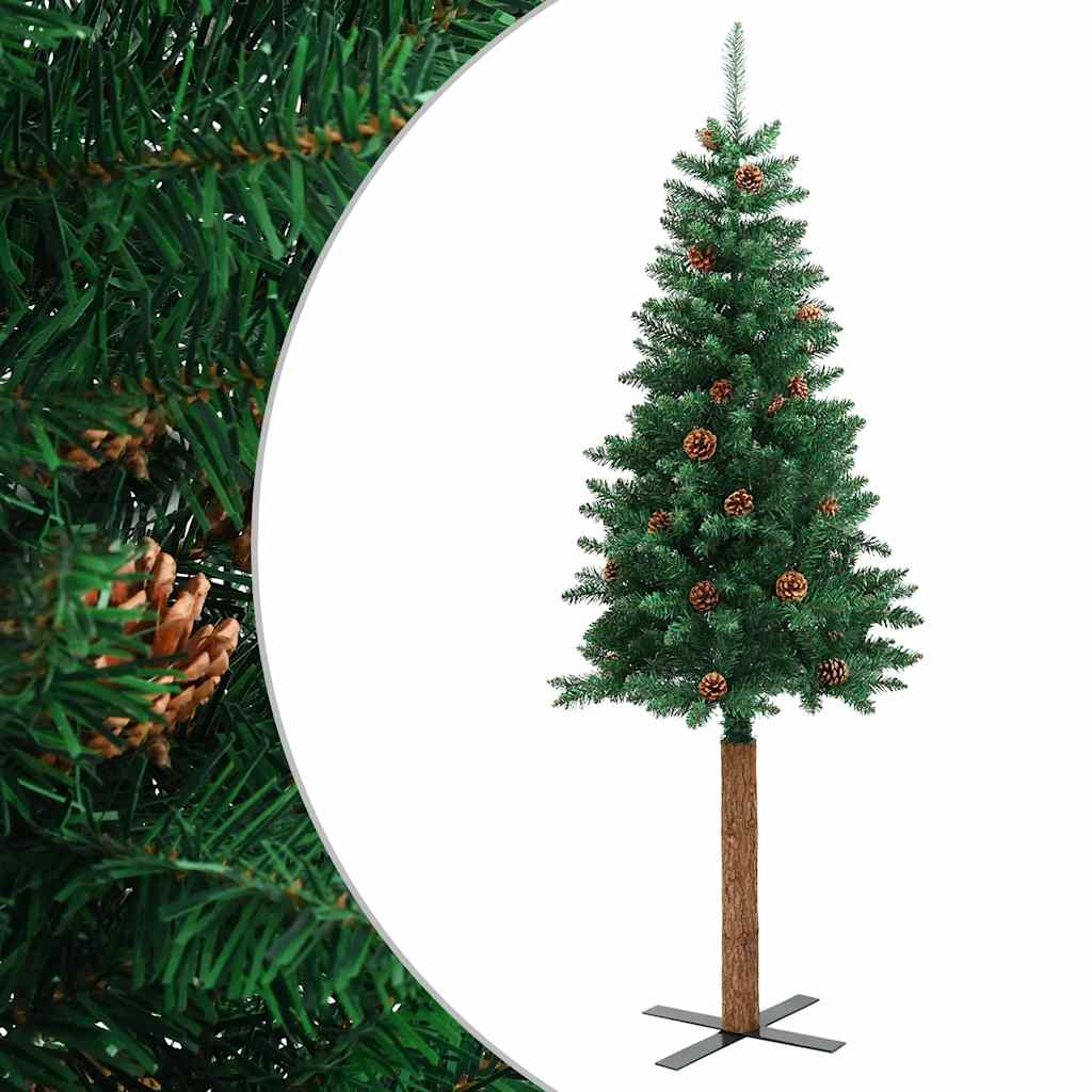 Slankt juletre med ekte tre og furukongler grønn 180 cm PVC