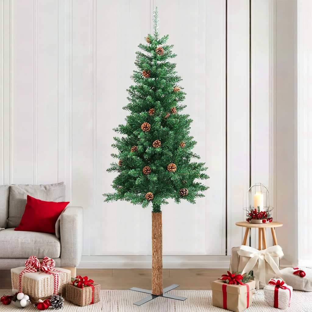 Slankt juletre med ekte tre og furukongler grønn 210 cm PVC
