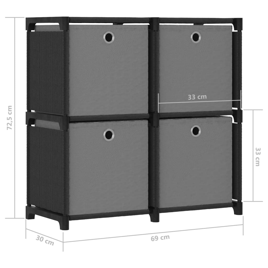 Displayhylle med 4 kuber og bokser svart 69x30x72,5 cm stoff