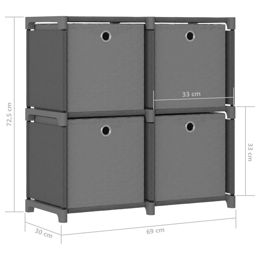 Displayhylle med 4 kuber og bokser grå 69x30x72,5 cm stoff