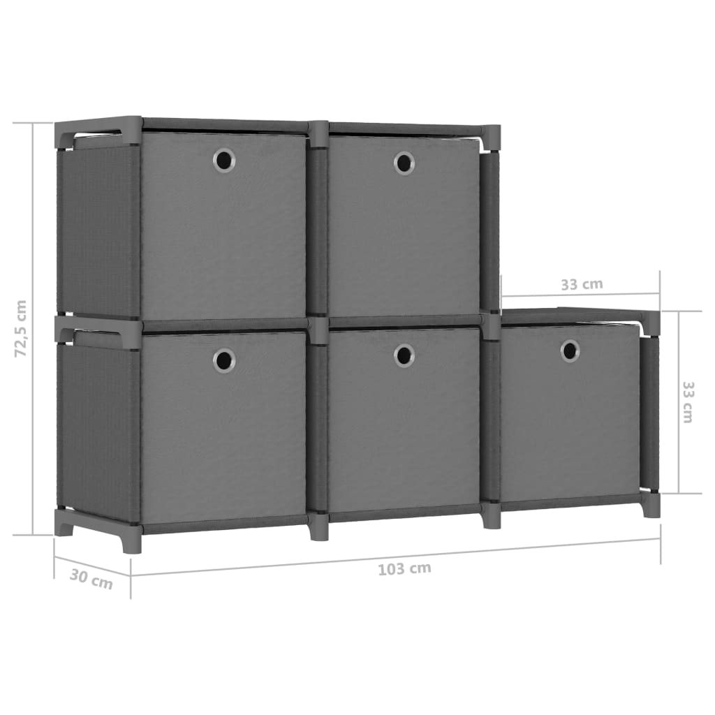 Displayhylle med 5 kuber og bokser grå 103x30x72,5 cm stoff