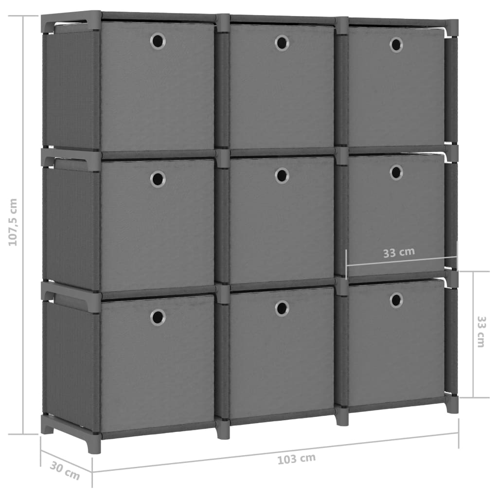 Displayhylle med 9 kuber og bokser grå 103x30x107,5 cm stoff