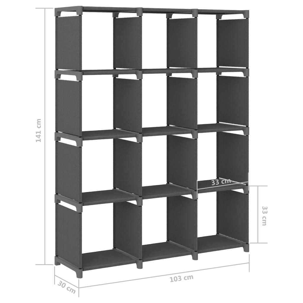 Displayhylle med 12 kuber grå 103x30x141 cm stoff