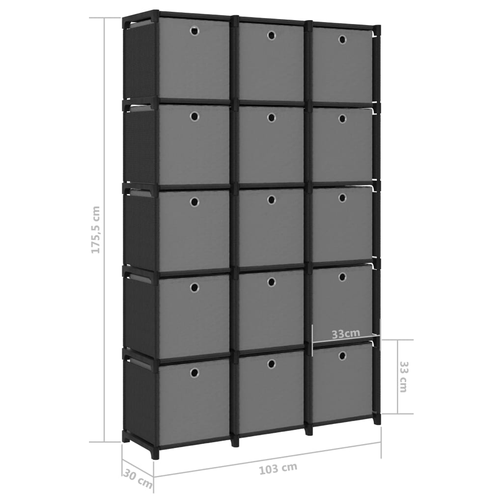 Displayhylle med 15 kuber og bokser svart 103x30x175,5 cm stoff