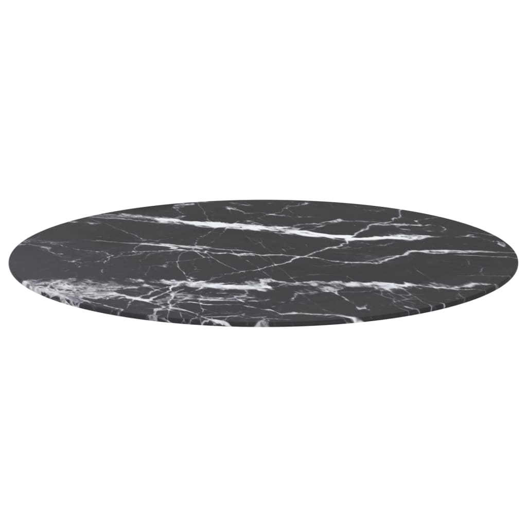 Bordplate svart Ø90x1 cm herdet glass med marmor design