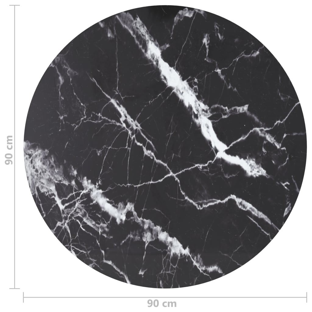 Bordplate svart Ø90x1 cm herdet glass med marmor design