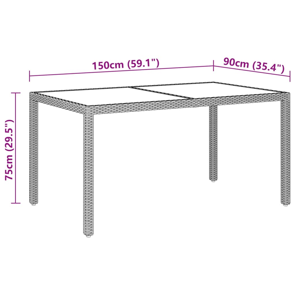 Hagebord 150x90x75 cm herdet glass og polyrotting beige