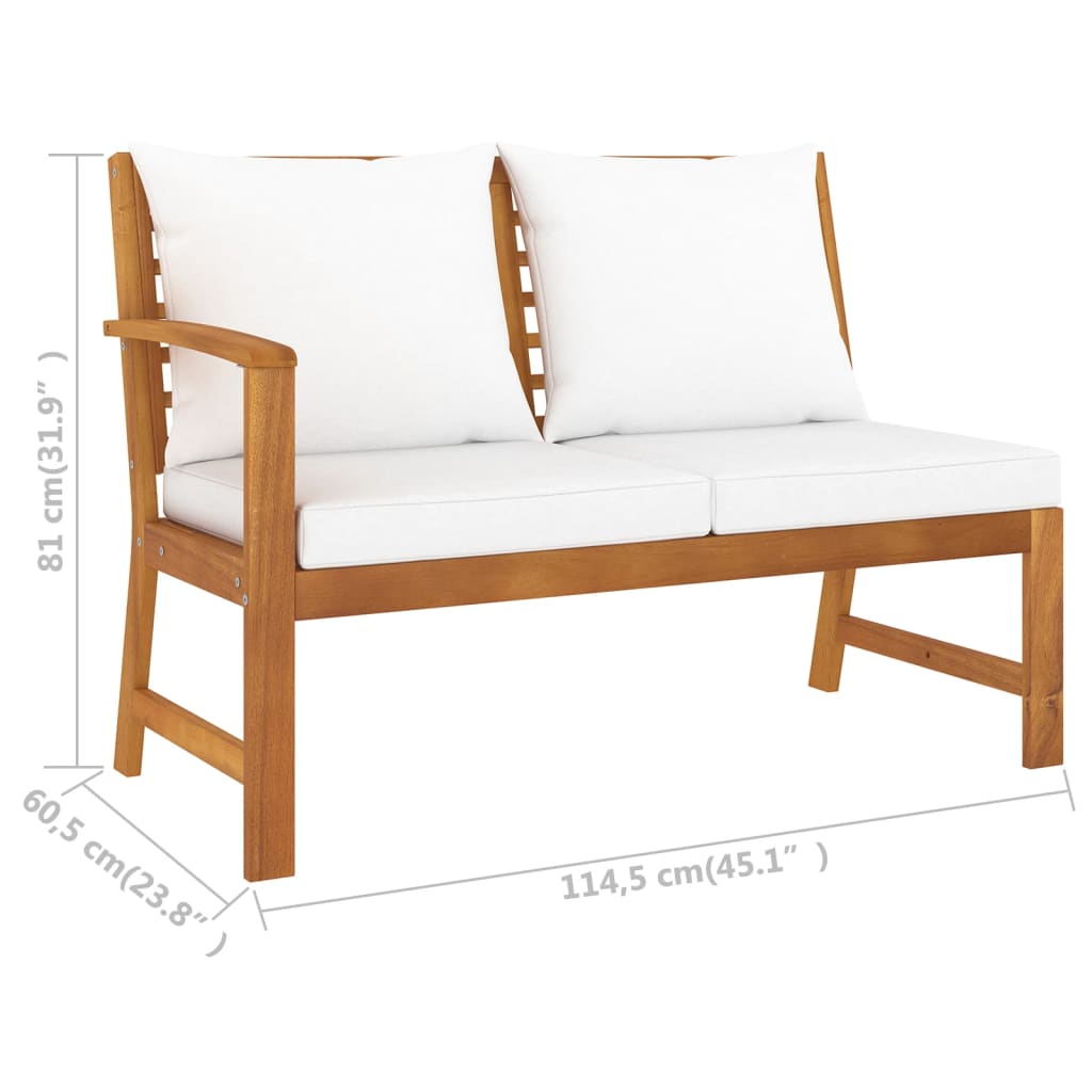 Hagebenk med kremhvit pute 114,5 cm heltre akasie