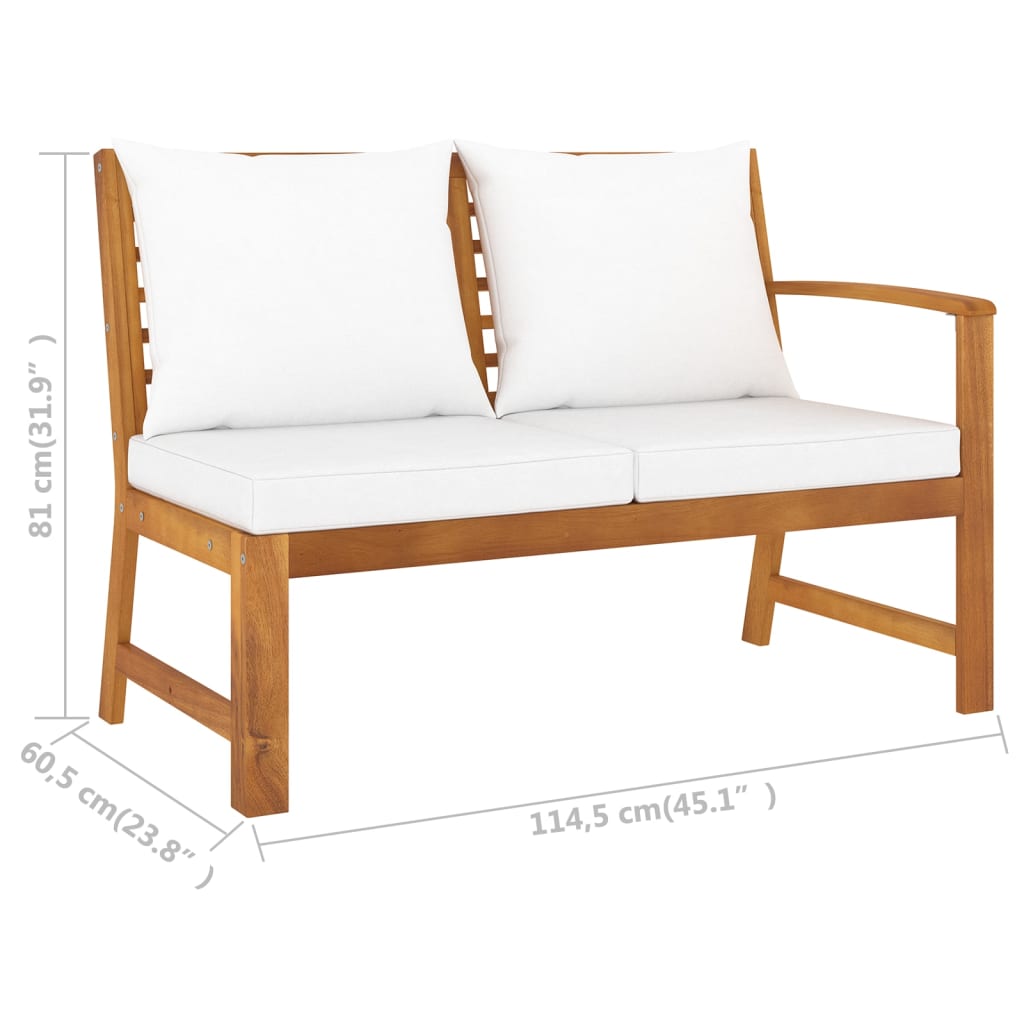 Hagebenk med kremhvit pute 114,5 cm heltre akasie