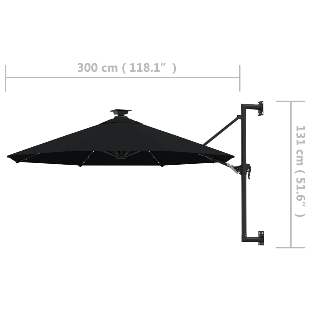Vegghengt hageparasoll med LED 300 cm svart