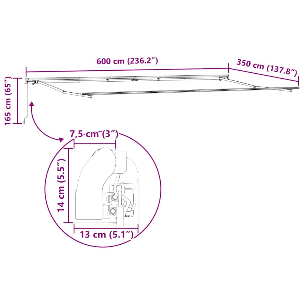 Markise Manual Hvit 6 × 3,5 m Metall