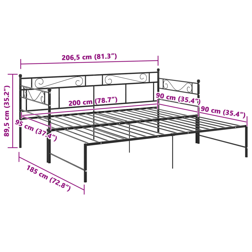 Uttrekkbar ramme til sovesofa svart metall 90x200 cm