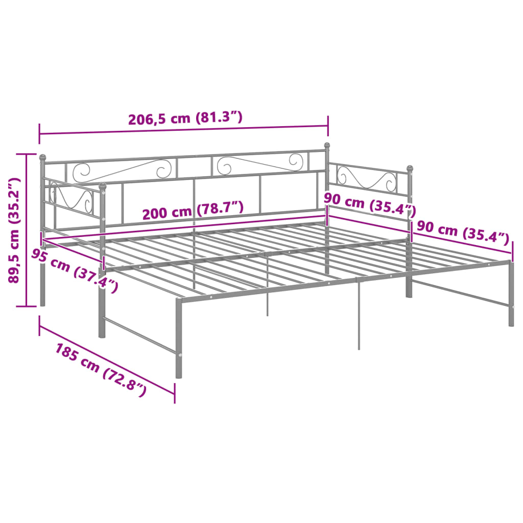 Uttrekkbar ramme til sovesofa grå metall 90x200 cm