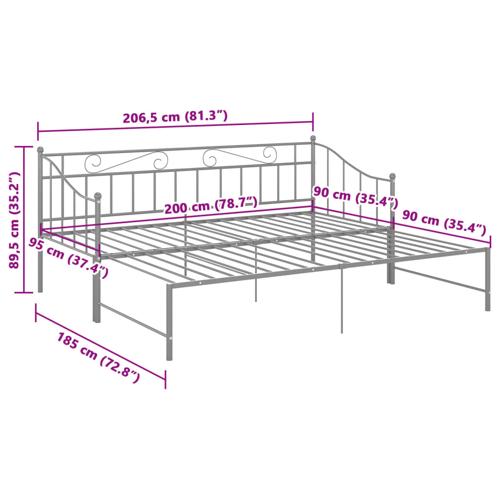 Uttrekkbar ramme til sovesofa grå metall 90x200 cm