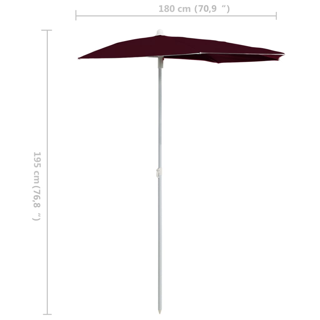 Halvrund parasoll med stang 180x90 cm vinrød