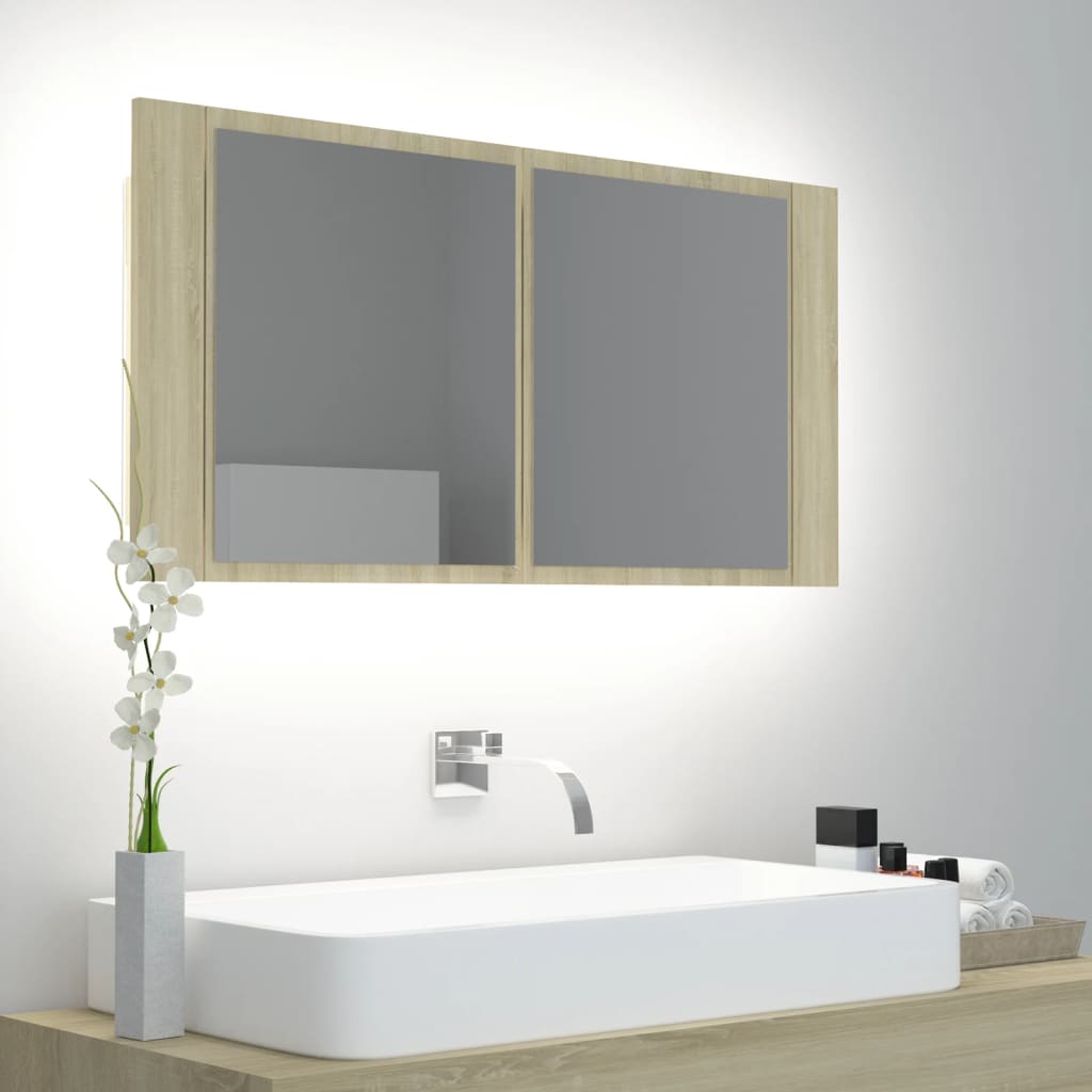 LED-speilskap til baderom sonoma eik 90x12x45 cm akryl