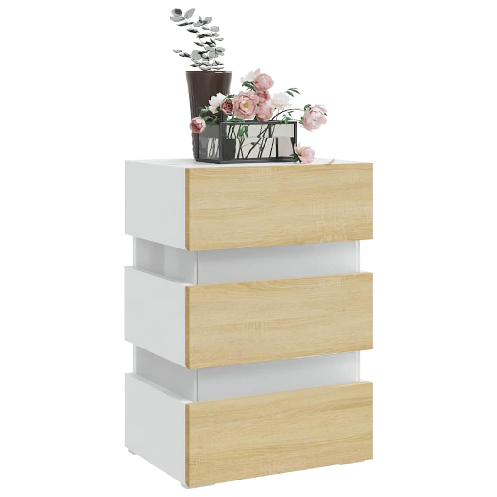 LED-nattbord hvit og sonoma eik 45x35x67 cm konstruert tre