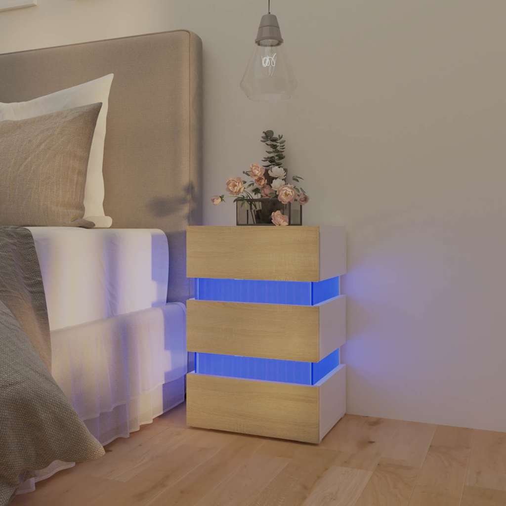 LED-nattbord hvit og sonoma eik 45x35x67 cm konstruert tre