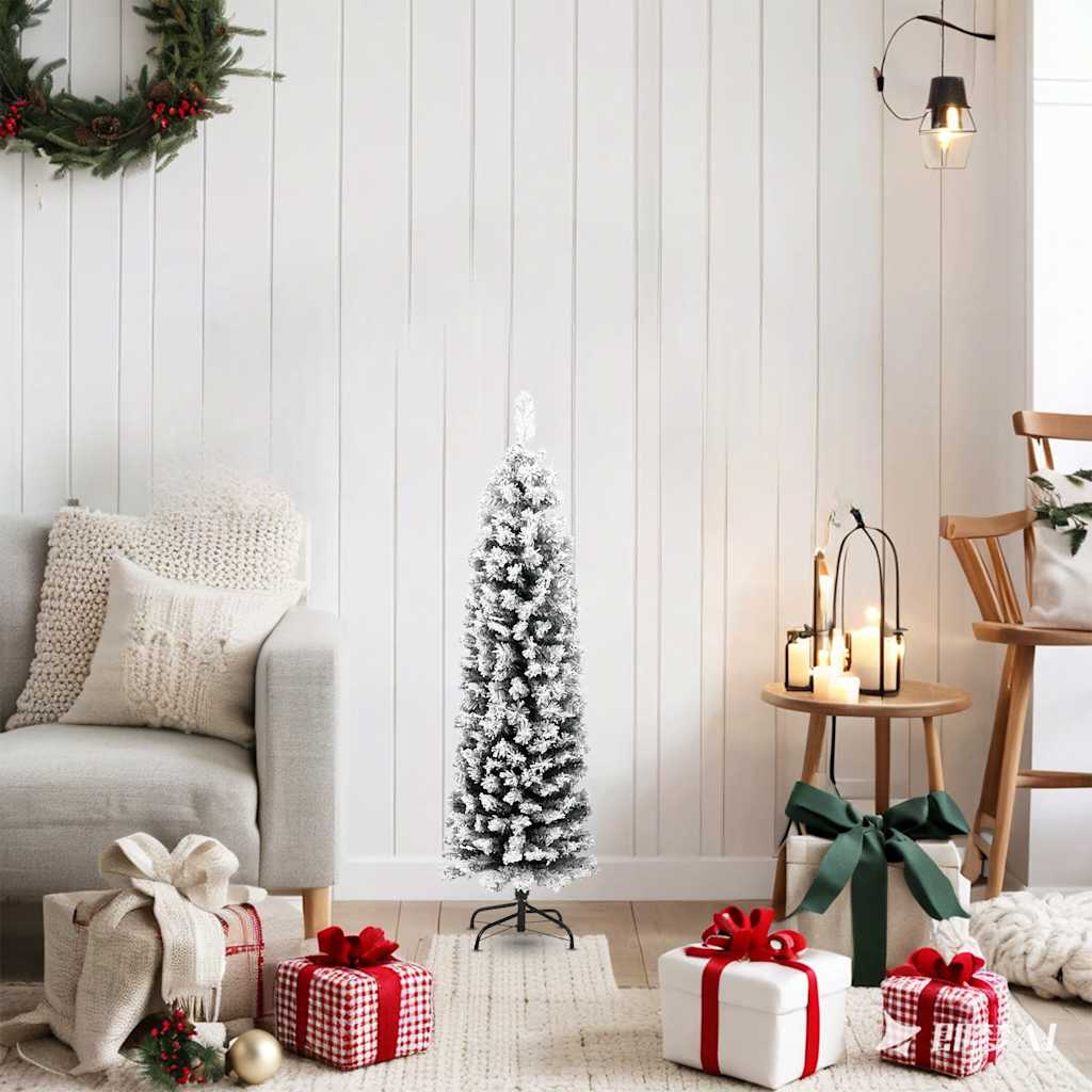 Slankt kunstig juletre med flokket snø grønn 120 cm PVC