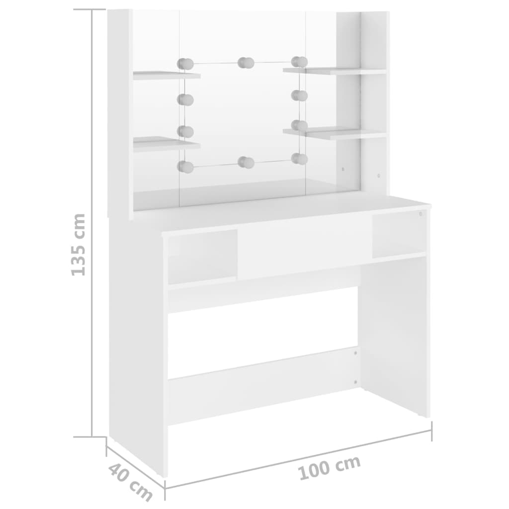 Sminkebord med LED-lys 100x40x135 cm MDF hvit