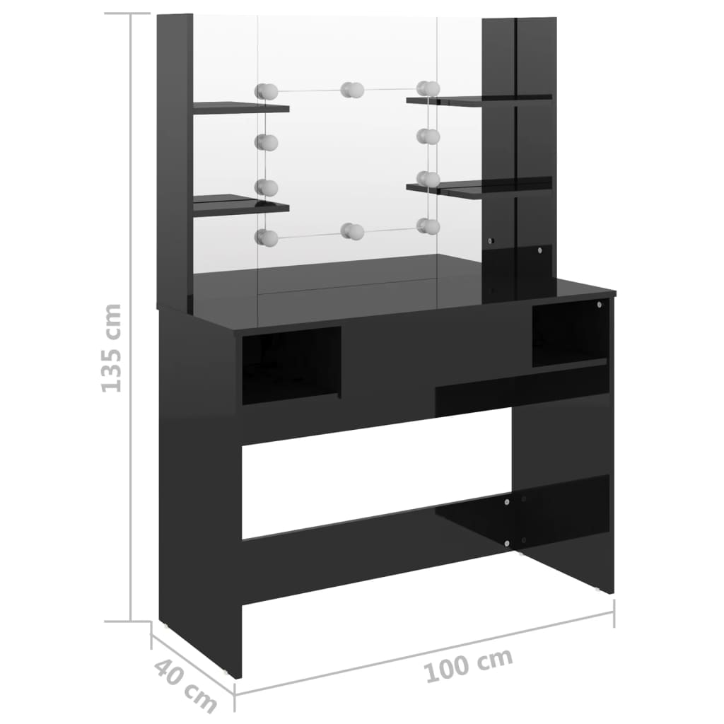 Sminkebord med LED-lys 100x40x135 cm MDF blank svart