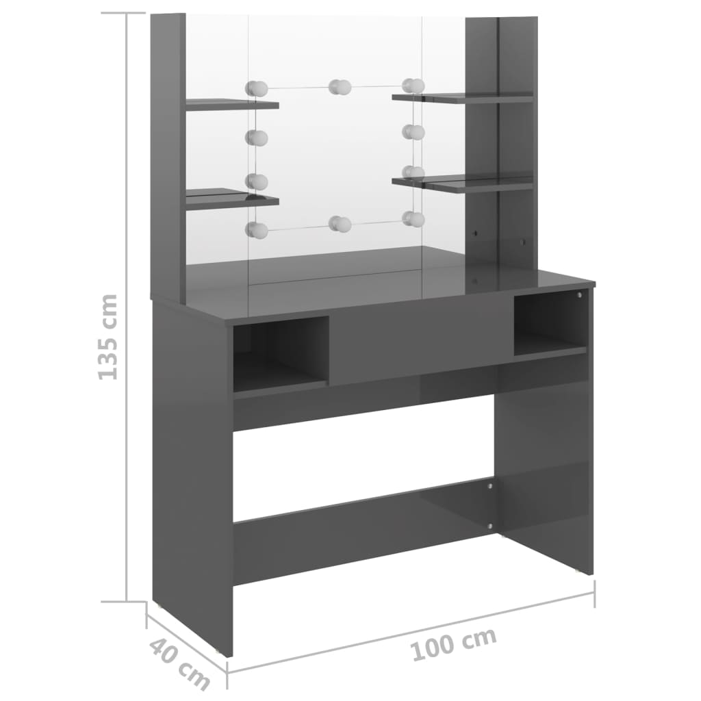 Sminkebord med LED-lys 100x40x135 cm MDF blank grå