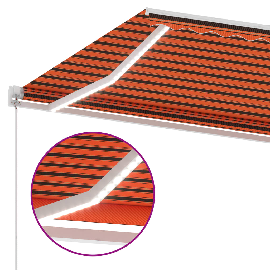Manuell uttrekkbar markise med LED 450x300 cm oransje og brun
