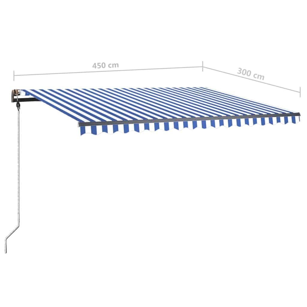 Manuell uttrekkbar markise med LED 450x300 cm blå og hvit