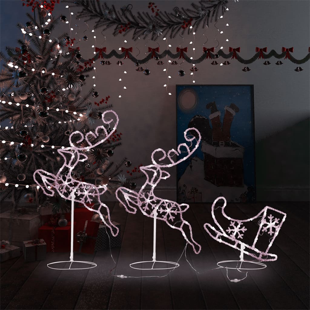 Julereinsdyr og slede i akryl 260x21x87 cm varm hvit
