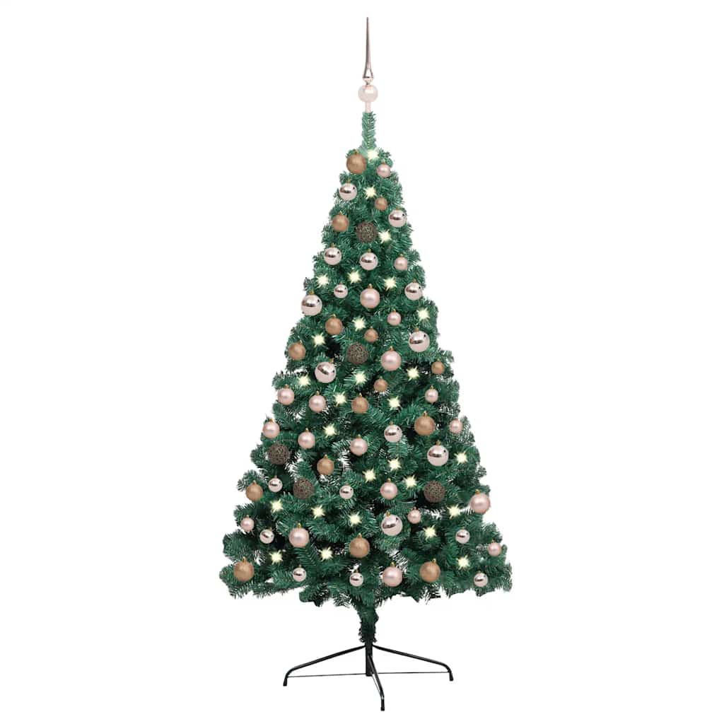 Forhåndsbelyst kunstig halvt juletre med kulesett grønn 150 cm