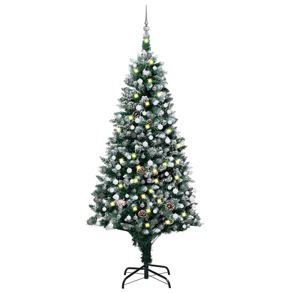 Forhåndsbelyst kunstig juletre med kulesett og kongler 210 cm