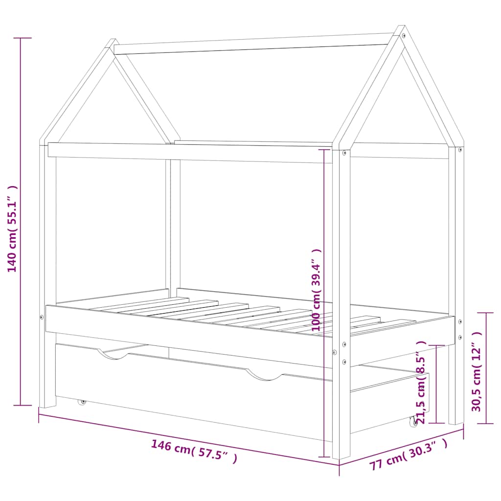 Sengeramme for barn med skuff heltre furu 70x140 cm mørkegrå