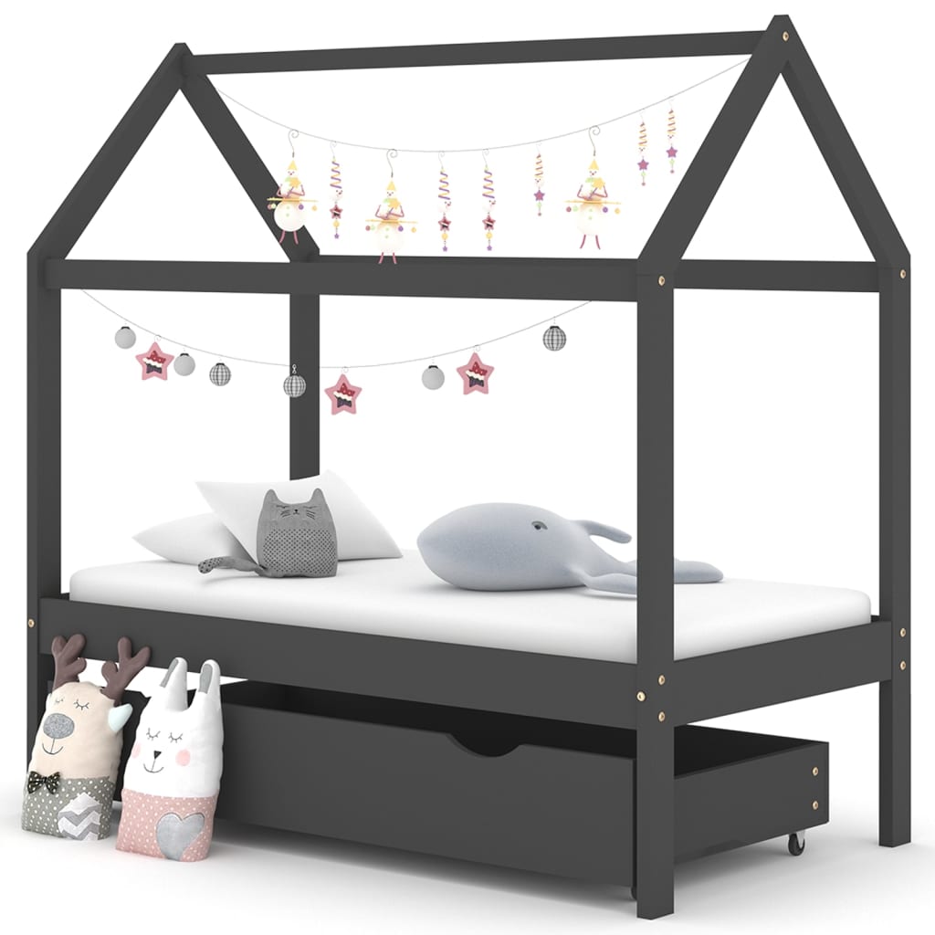 Sengeramme for barn med skuff heltre furu 70x140 cm mørkegrå